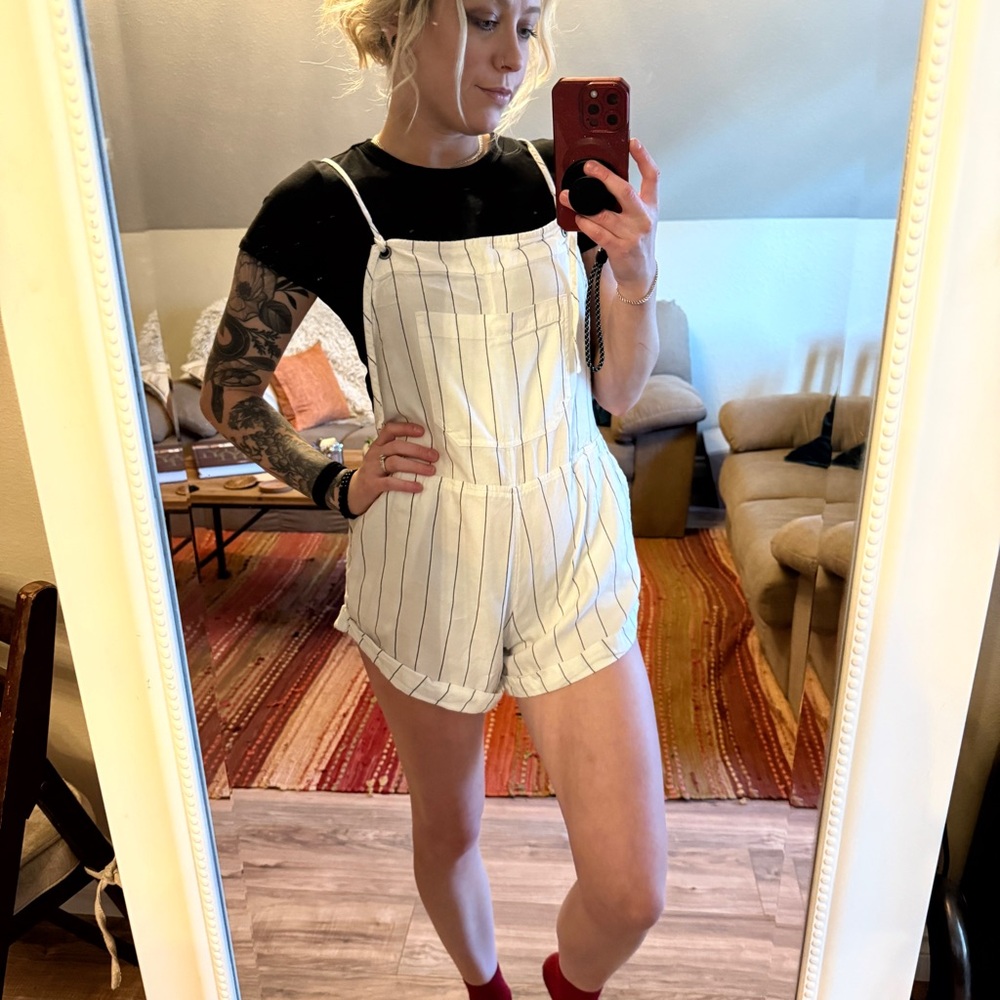 Billabong White Striped Romper Overalls Shorts Medium Swim Coverup